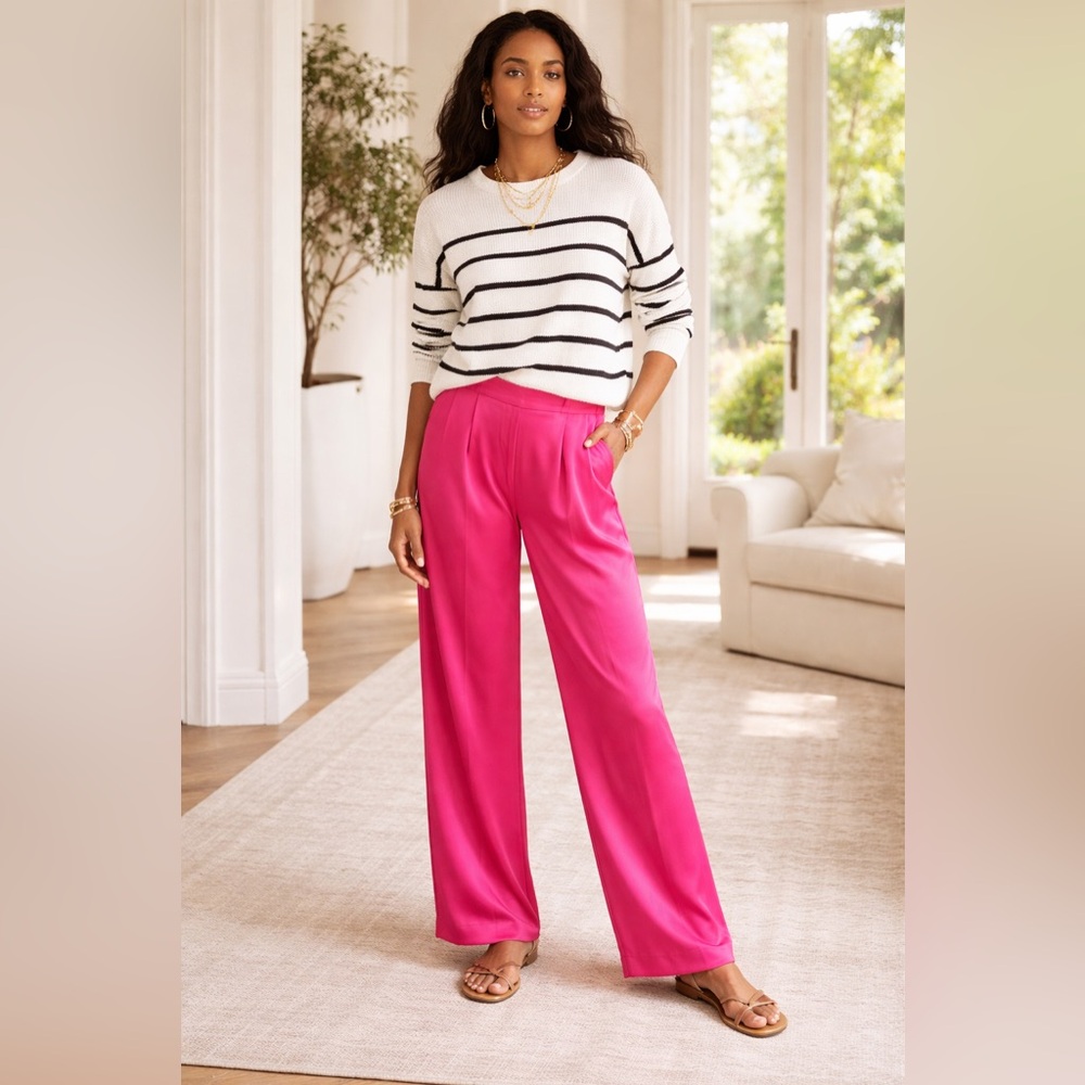 Banana Republic Satin Wide Leg Pants Pink LT Tall 34” Inseam - Picture 2 of 16